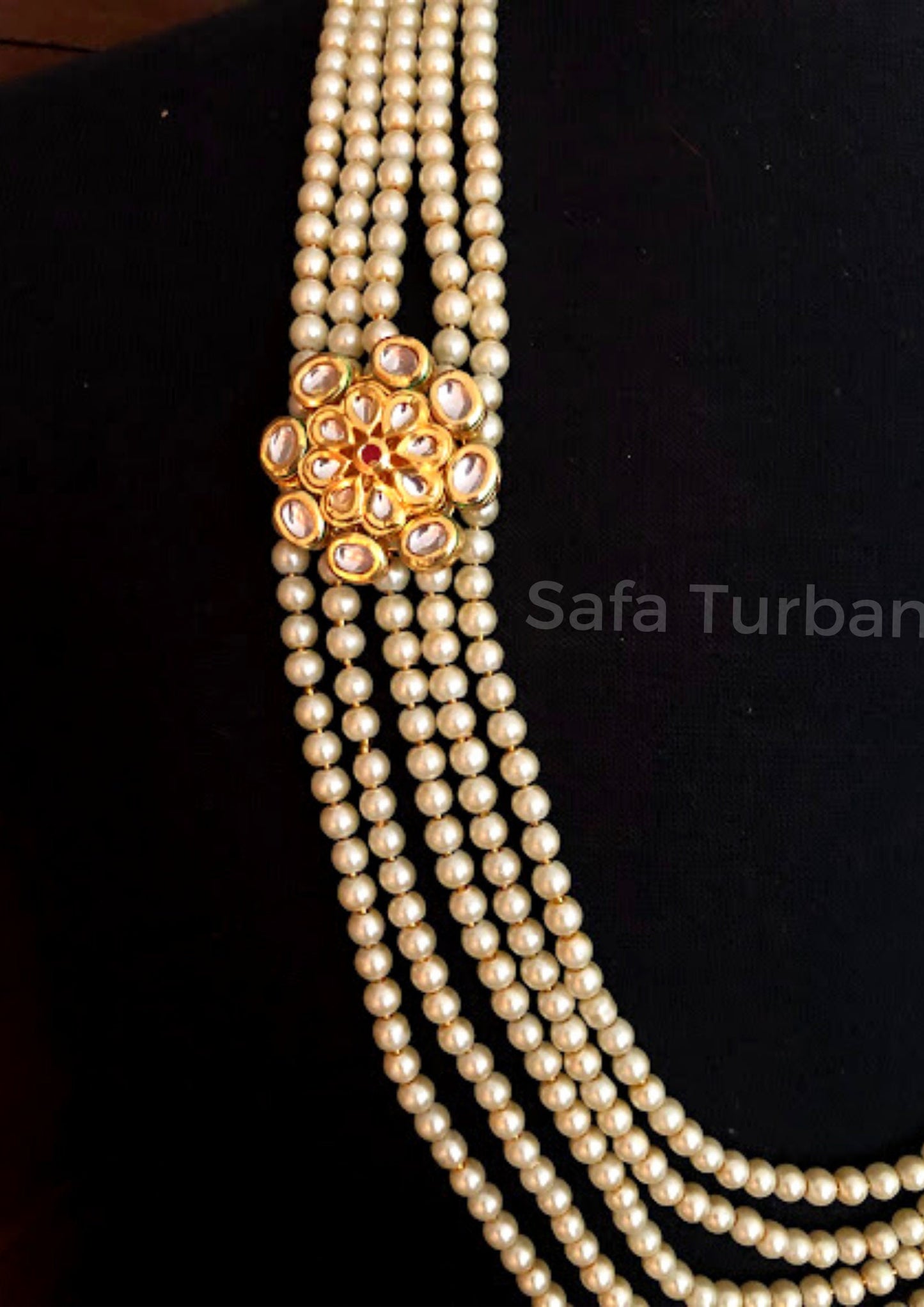 Indian Wedding- Pearl Necklace with Kundan Brooch for Men/Groom for Wedding (Cream/Golden Beads)