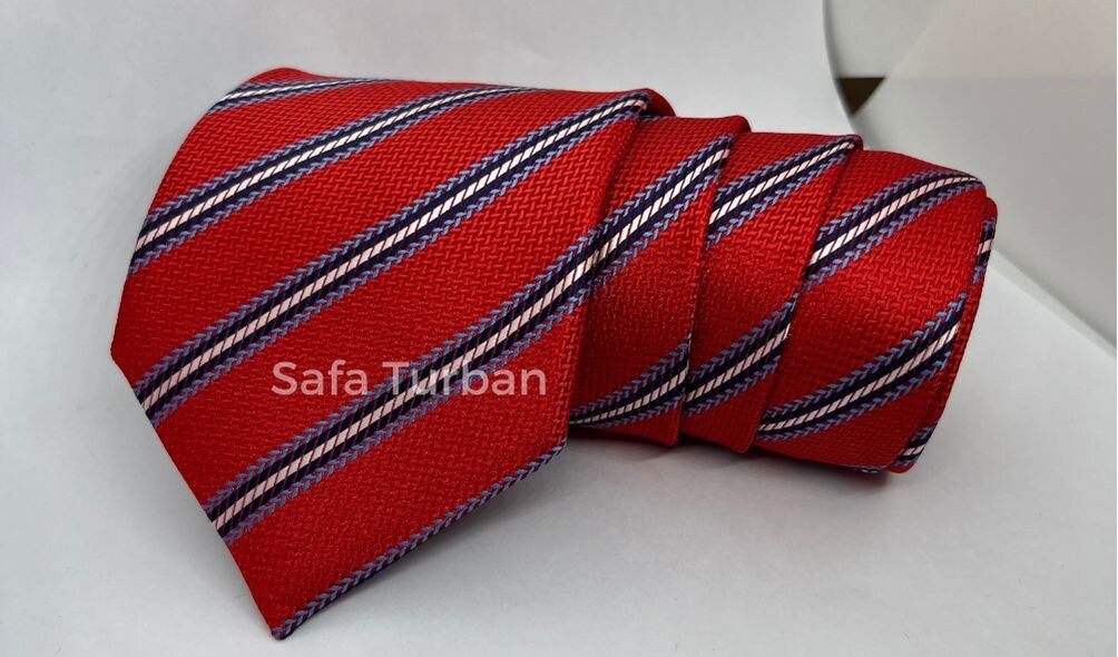 Mens Plaid Micro Self Silk Necktie Gift Set With Pocket Square (Red with Blue and white Stripes)