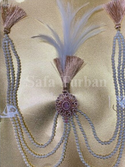 Indian Wedding Accessories- Kalangi/Kalgi for Men's Safa/Groom Turban (Pink American Diamond brooch with white pearl string chain)