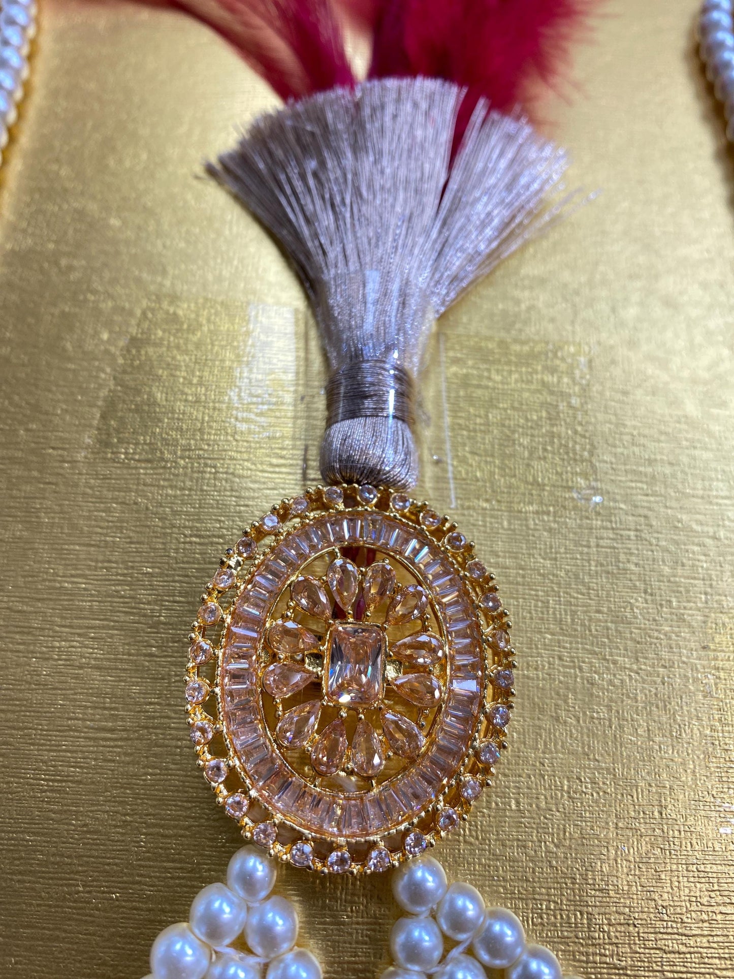 Indian Wedding Accessories- AD-Golden Kalgi For Groom Turban/Safa With Pearl Stands
