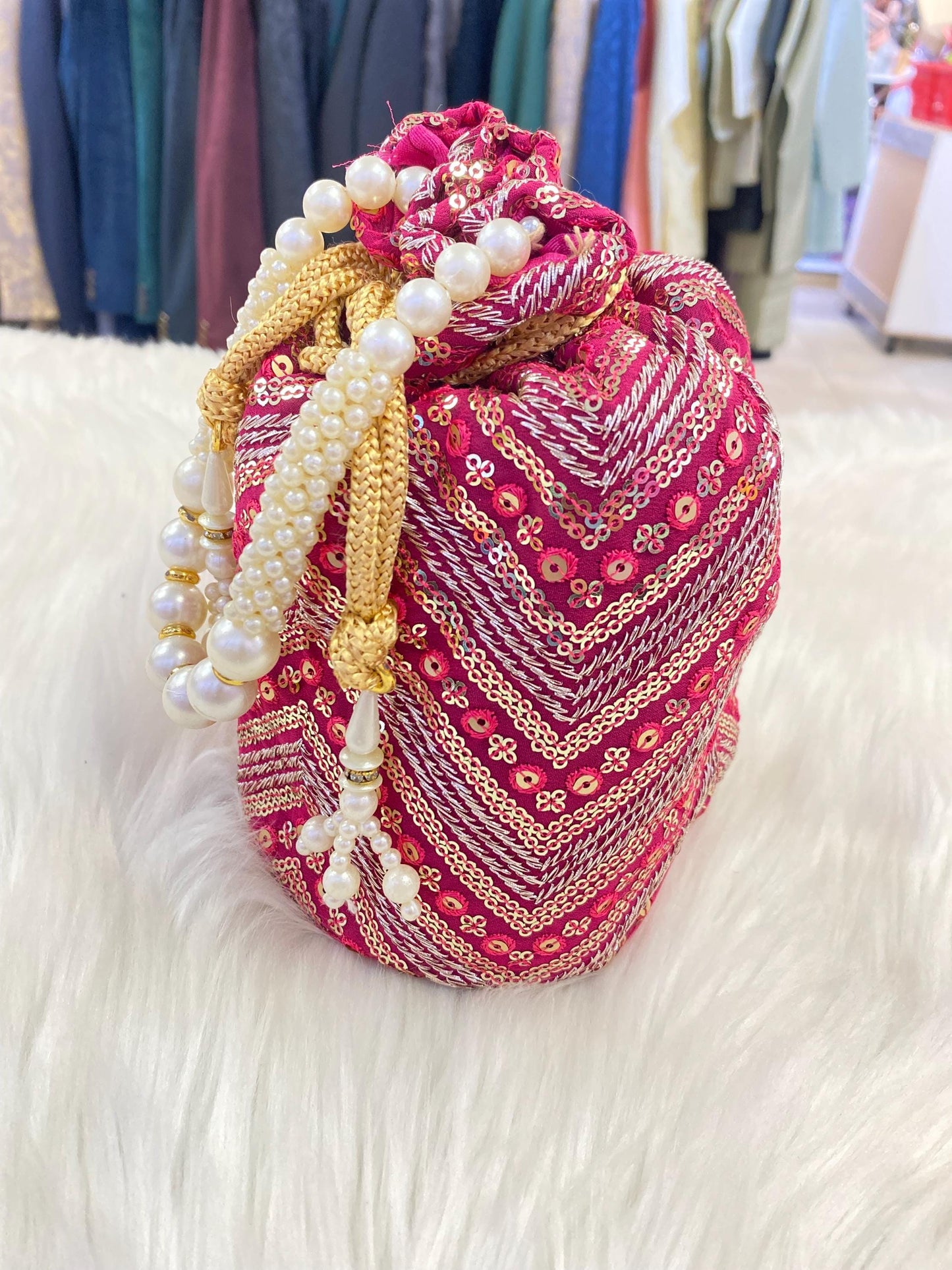 Designer Bridal Potli Bag for women with Embroidery and Embellished Stones- Red