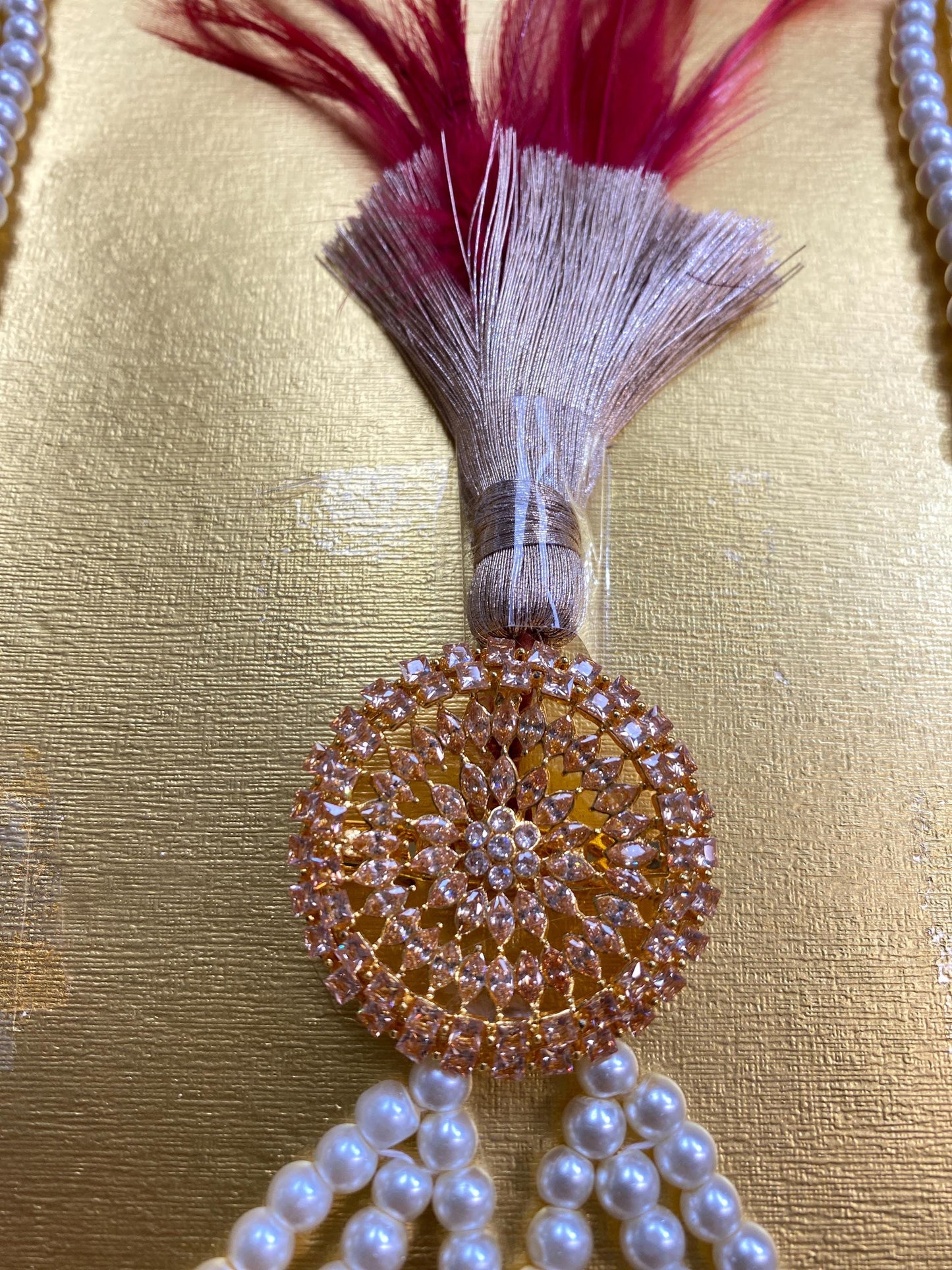 Indian Wedding Accessories- AD-Golden Kalgi For Groom Turban/Safa With Pearl Stands