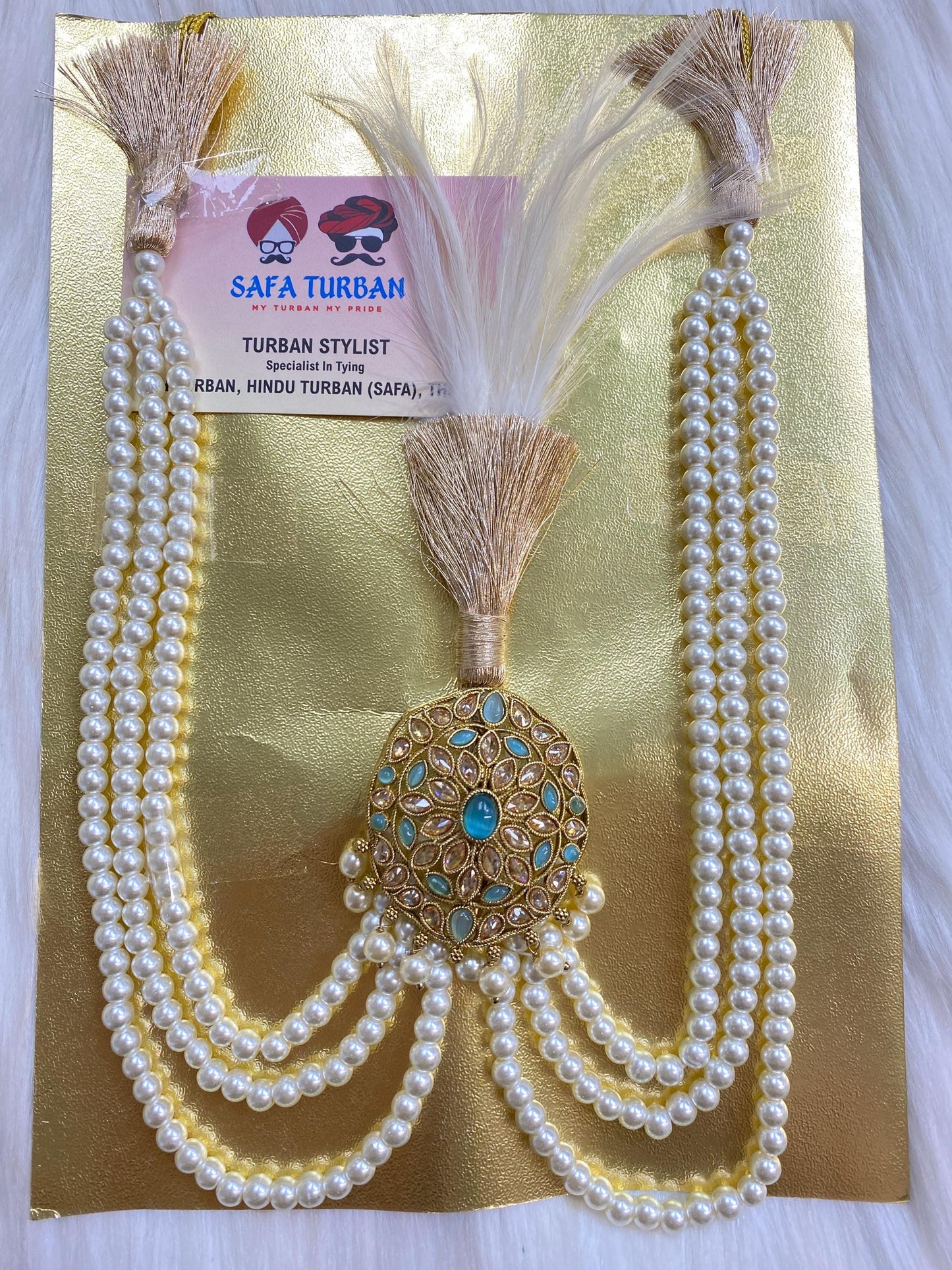 Indian Wedding Accessories- Kalangi/Kalgi for Men's Safa/Groom Turban (Golden and sky blue stones with pearl string chain)