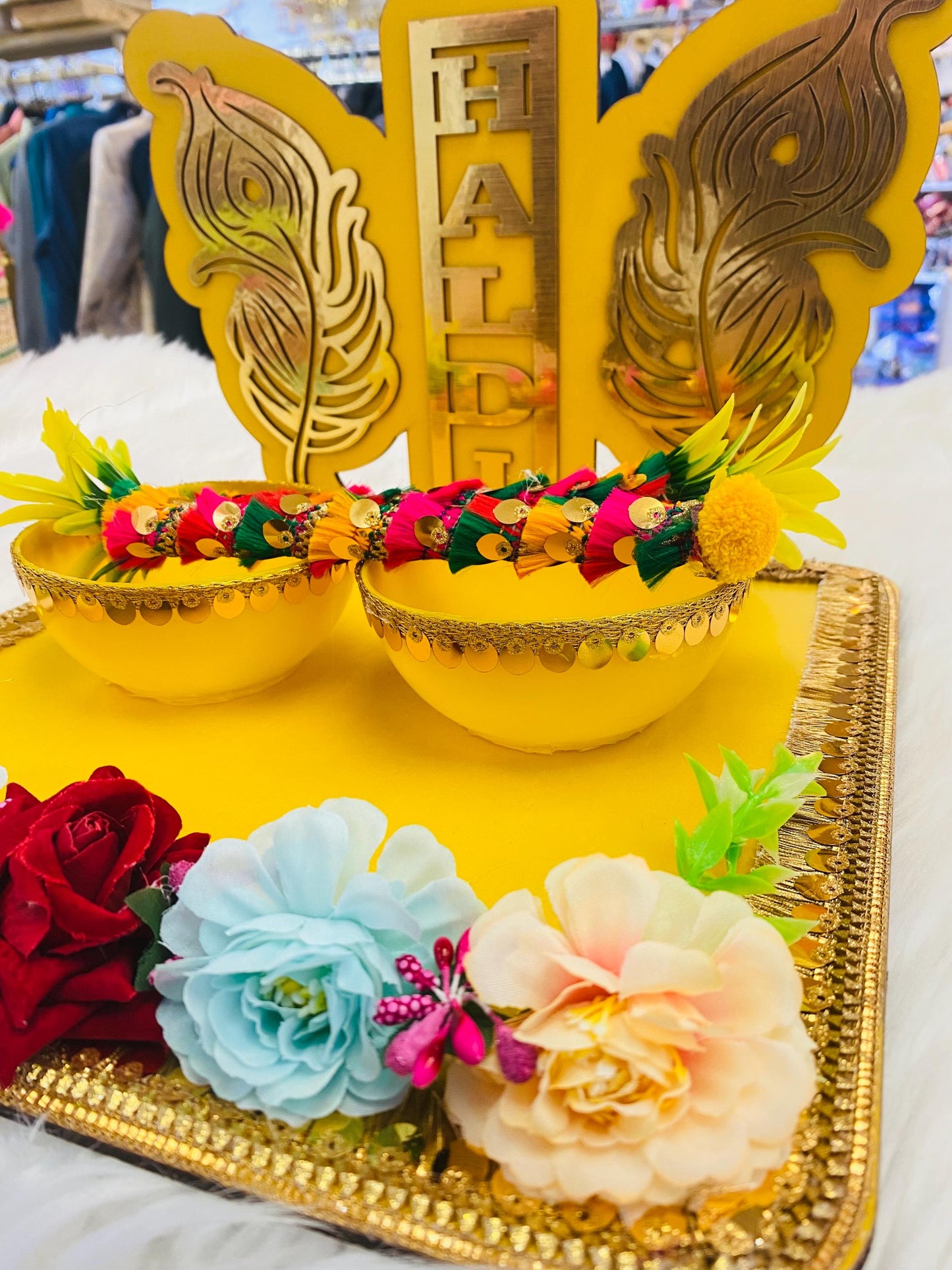 Wedding Accessories- Bride/Groom Mayian/ Haldi/ Maiyan/ Vatna Ceremony-Decorative Wooden board and 2Bowls