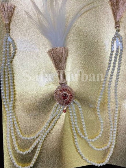 Indian Wedding Accessories- Kalangi/Kalgi for Men's Safa/Groom Turban (Red beads with white pearl string chain)