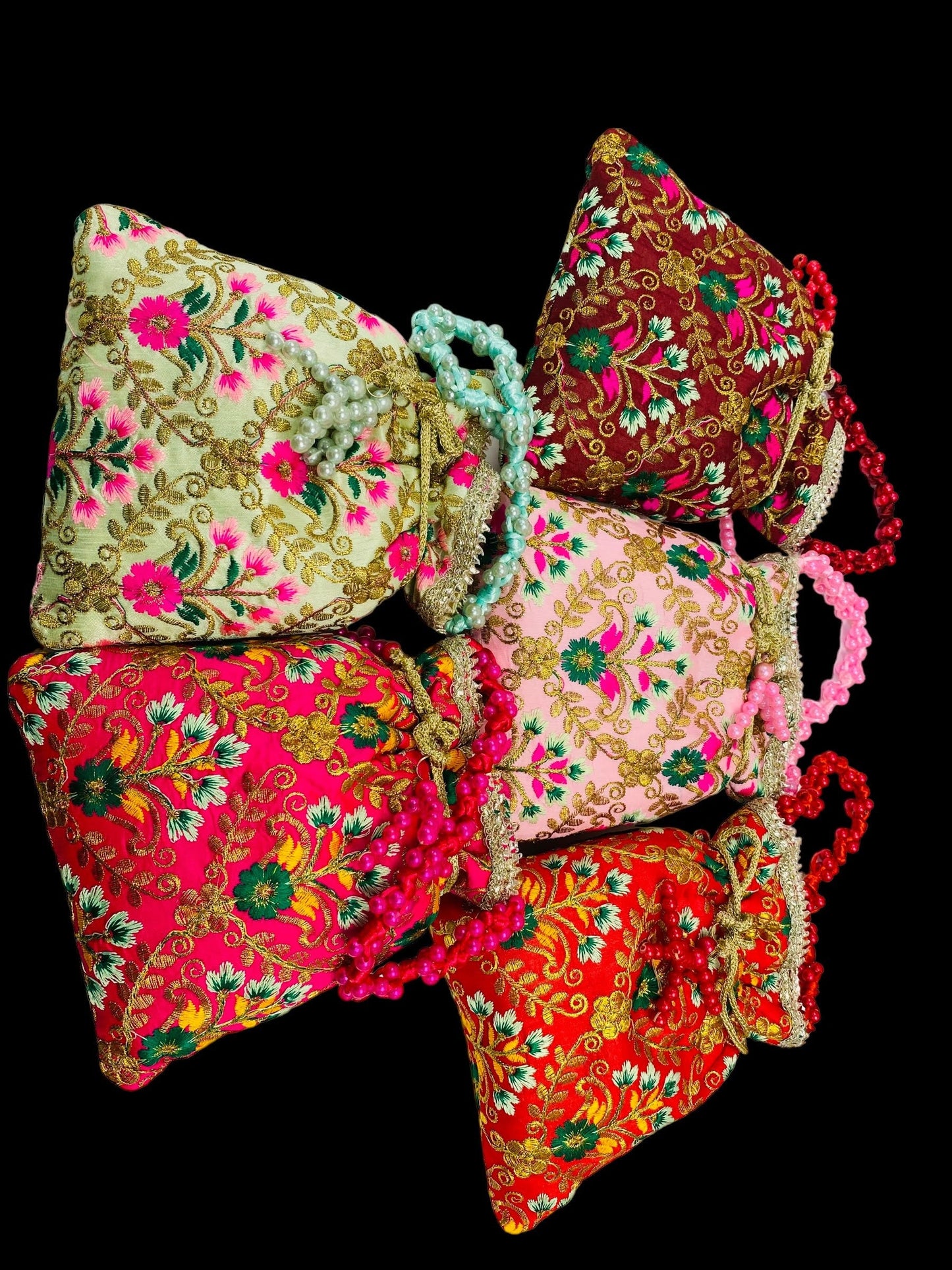 Designer Multicolored Potli Bag for women with Embroidery and Pearl Handle