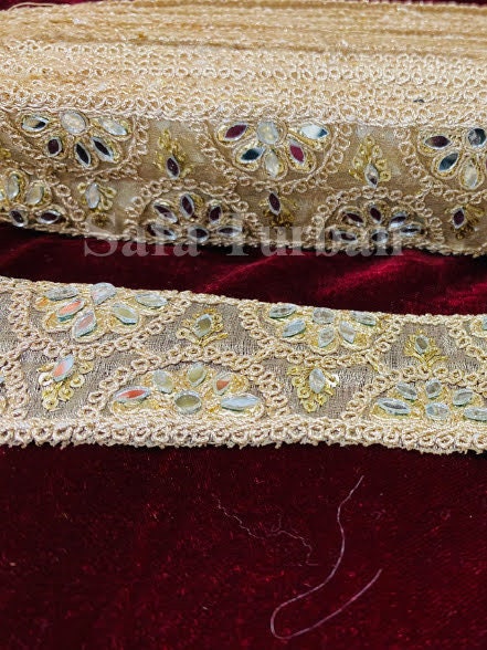 Golden Mirror Work Lace 2"(inch) for Dresses, Sarees, Lehenga, Suits, Blouses, Dupatta, Chunri, and Craft