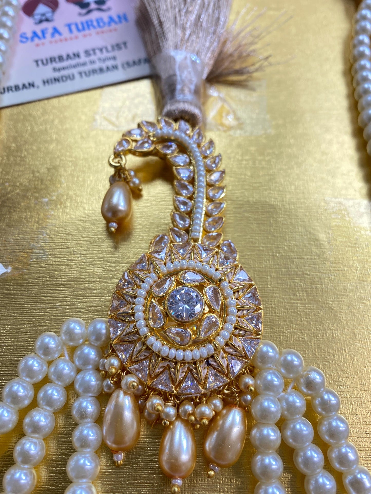 Indian Wedding Accessories- Kundan Kalangi/Kalgi for Men's Safa/Groom Turban (Golden stones With White pearl string)