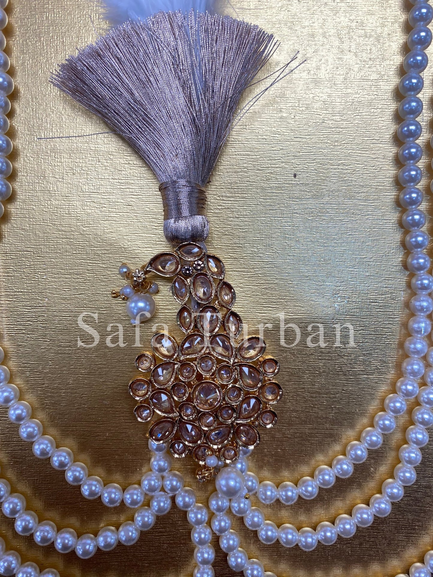 Indian Wedding Accessories- Gold and White Gold-Plated Kundan and Pearls Kalangi/Kalgi for Men's Safa/Groom Turban