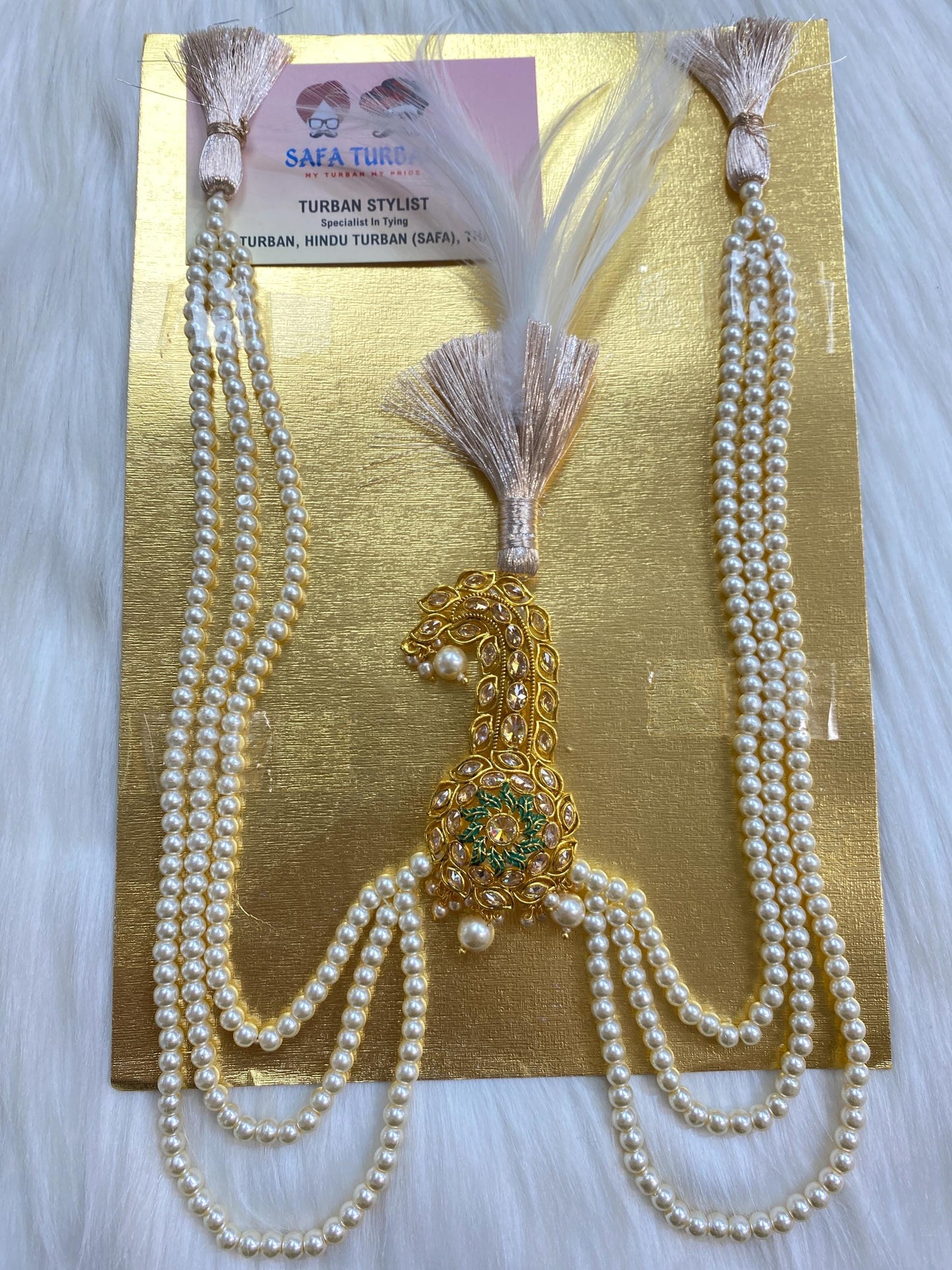 Indian Wedding Accessories- Kalangi/Kalgi for Men's Safa/Groom Turban (Golden stones with pearl string chain)