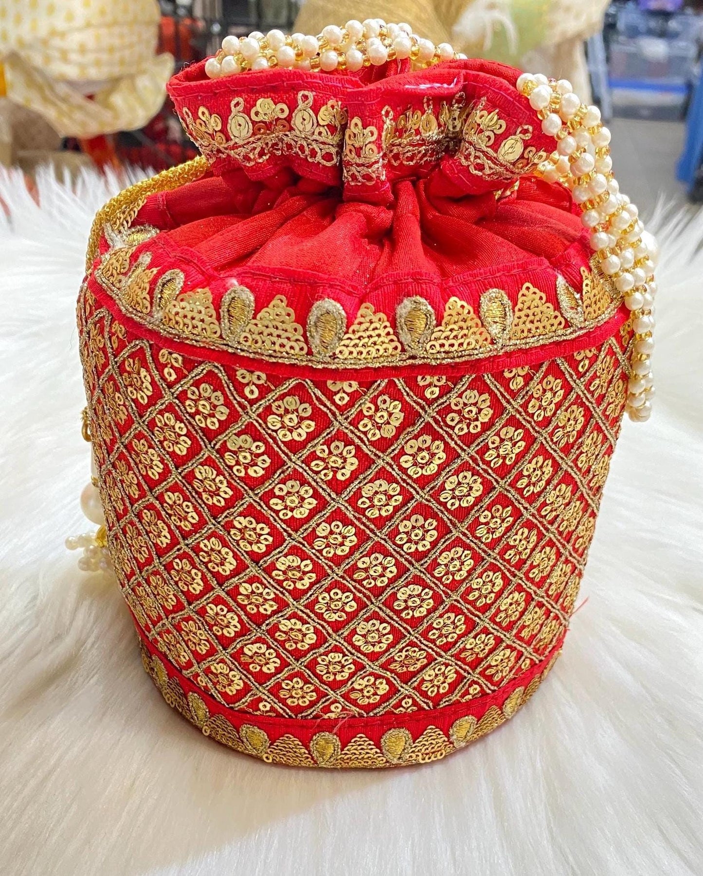 Designer Bridal Potli Bag for women with Embroidery and Embellished Stones- Red and Hot Pink