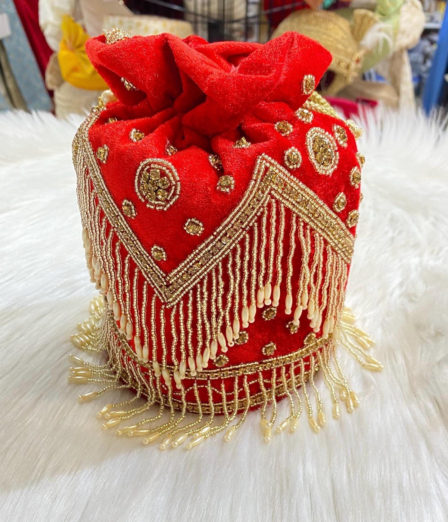 Designer Bridal Potli Bag for women with Embroidery and Embellished Stones- Red and Golden