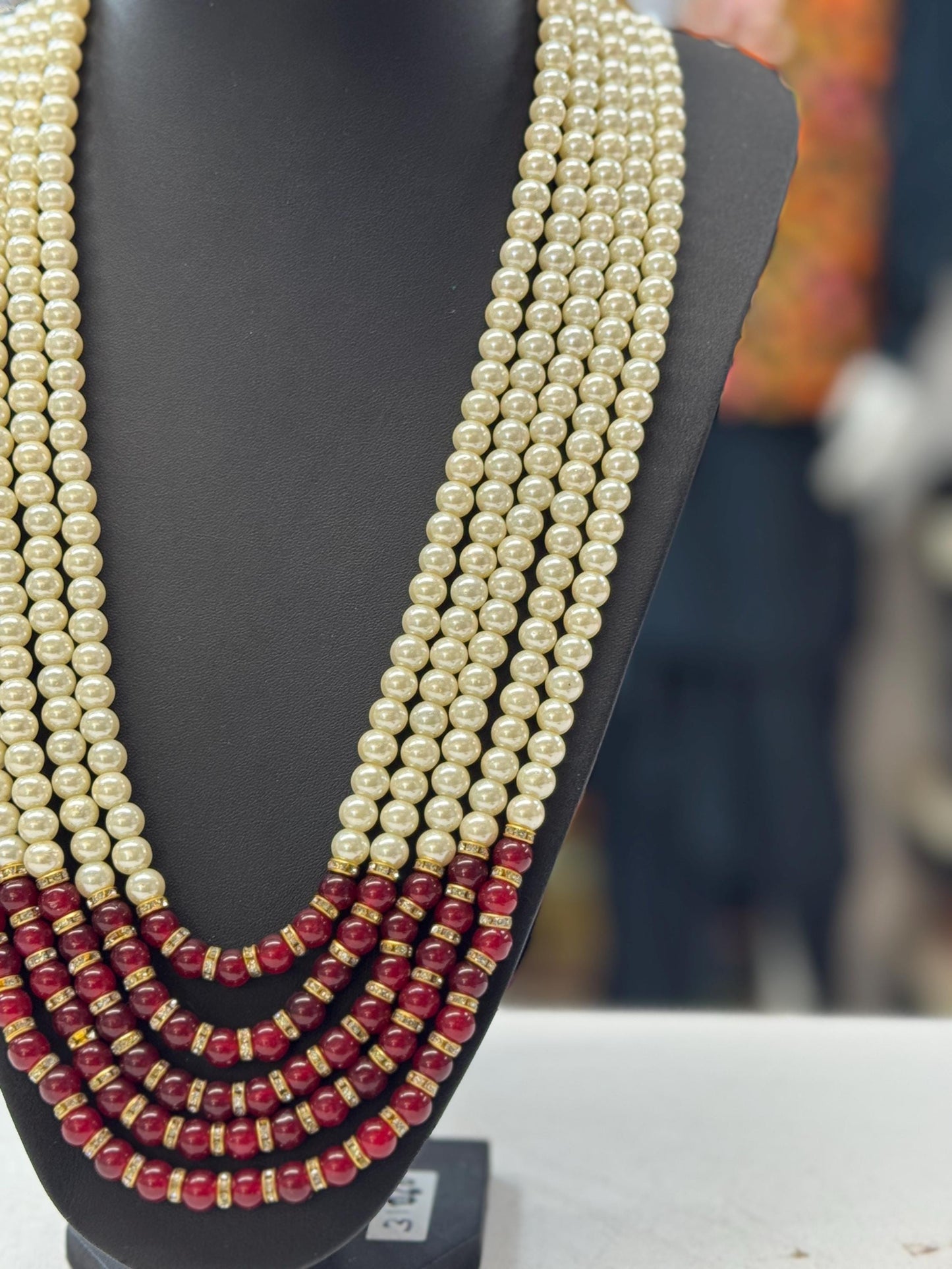 Indian Wedding- Red/Maroon (Bright Red) - White Pearl Necklace for Men/Groom for Wedding