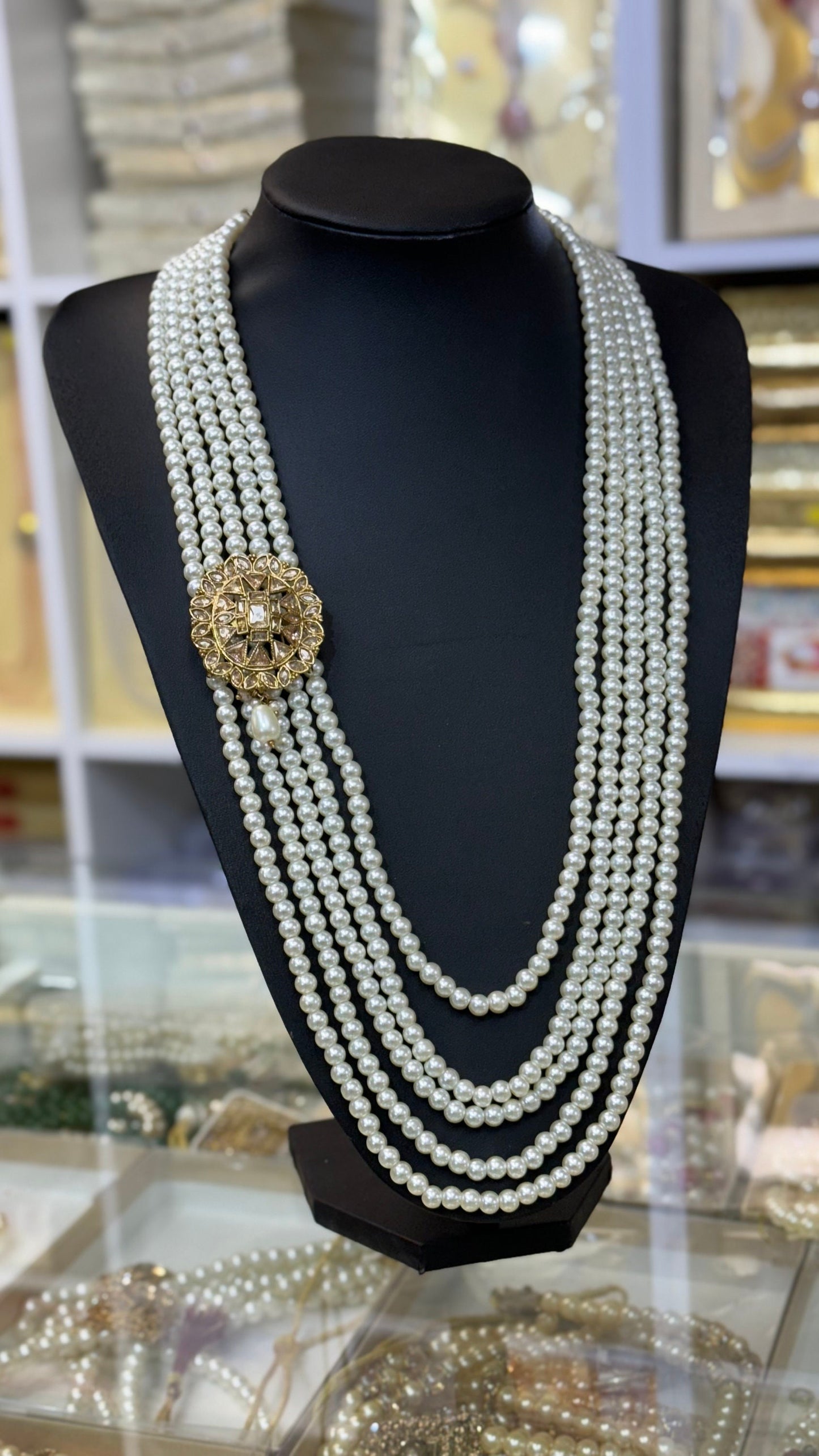 Indian Wedding- Pearl Stone Five Layer Studded Necklace for Men/Groom for Wedding