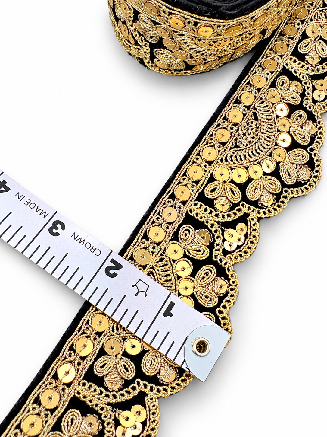 Black & Gold Embroidered Scalloped Lace Border with Floral Zari and Sequin Work for Dresses, Sarees, Lehenga, Suits, Blouses, Dupatta, Chunri, and Craft
