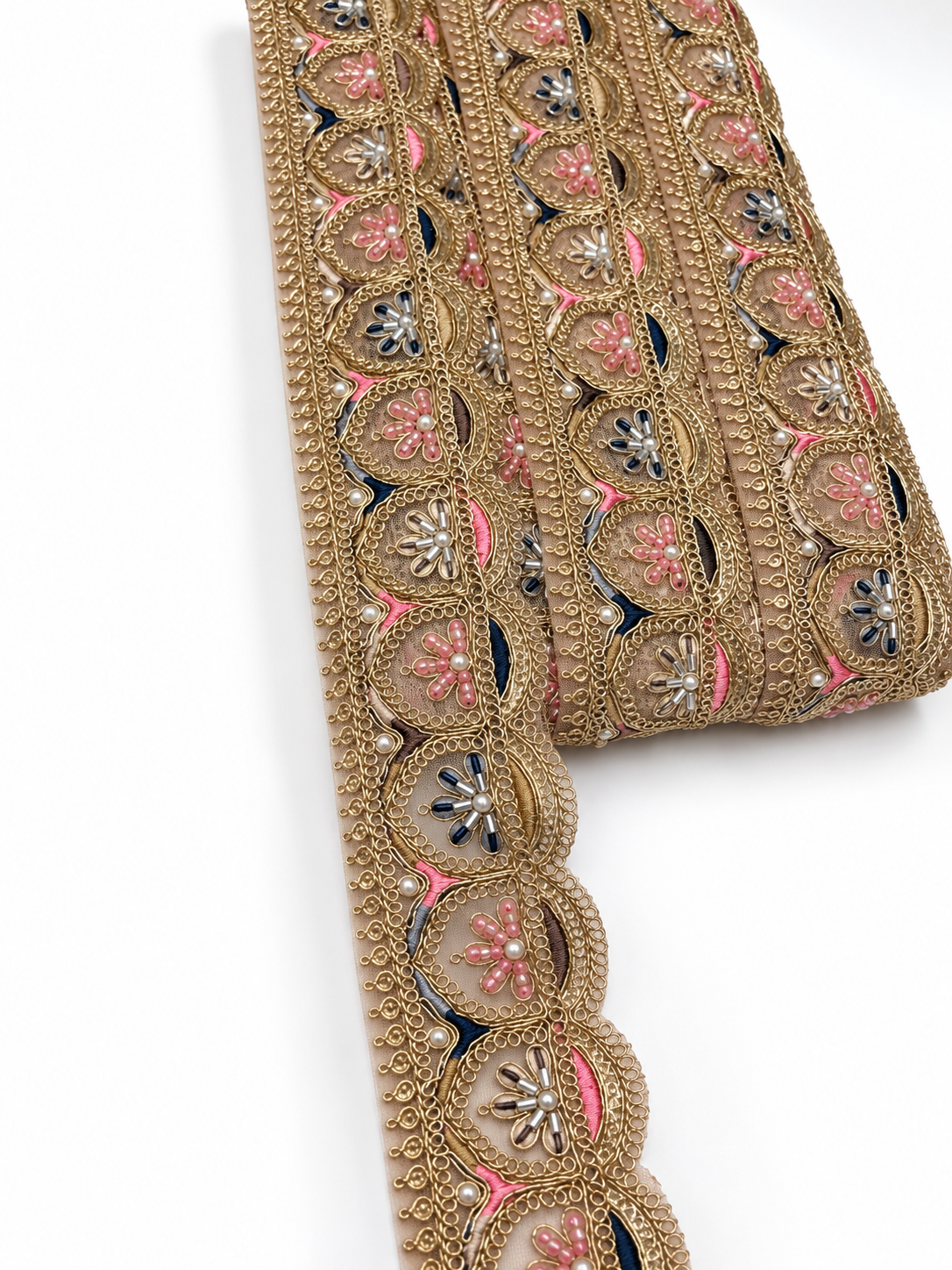 Premium Champagne beige Embroidered Lace Trim with Gold Zari, Beads & Pearl Work