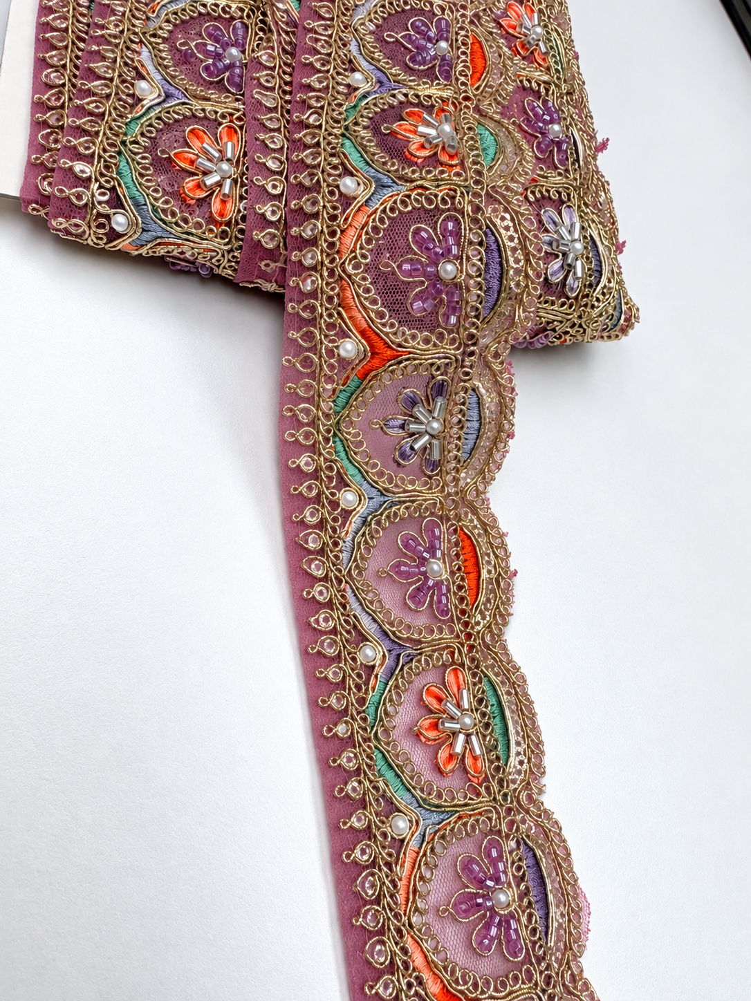 Premium Dusty Mauve Multicolour Floral Embroidered Lace Trim with Gold Zari, Beads & Pearl Work