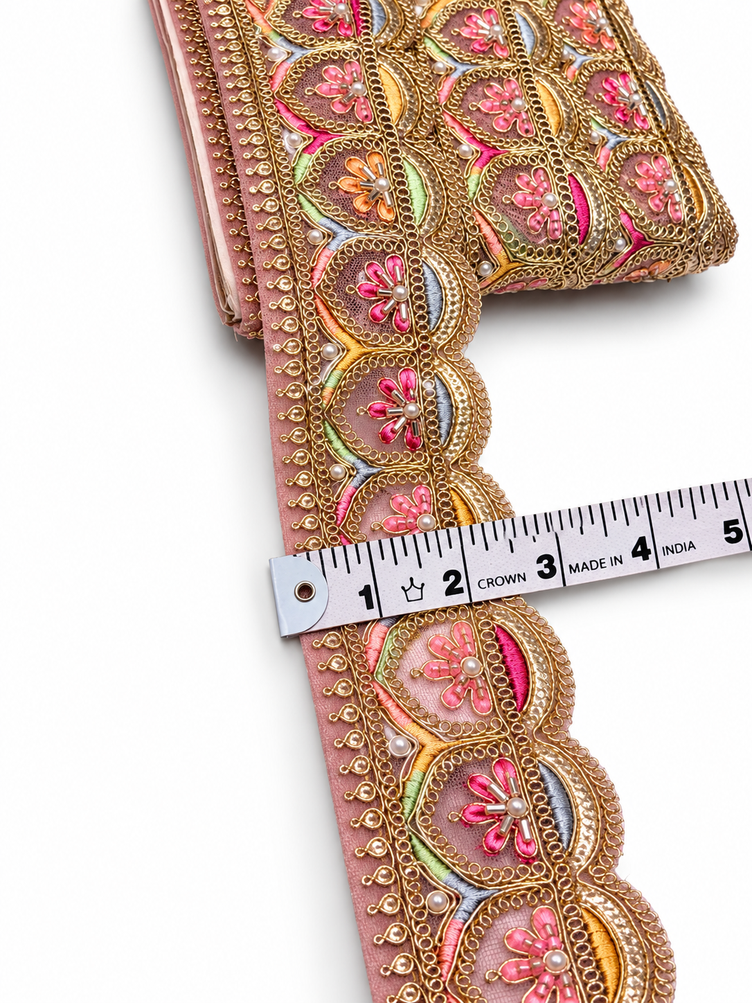 Dusty Rose Pink with Gold Embroidery and Multicolour Floral Accents (Pink, Peach, Green, and Champagne Gold)Lace Trim with Gold Zari, Beads & Pearl Work