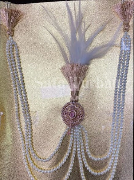 Indian Wedding Accessories- Kalangi/Kalgi for Men's Safa/Groom Turban (Golden stones with white pearl string chain)