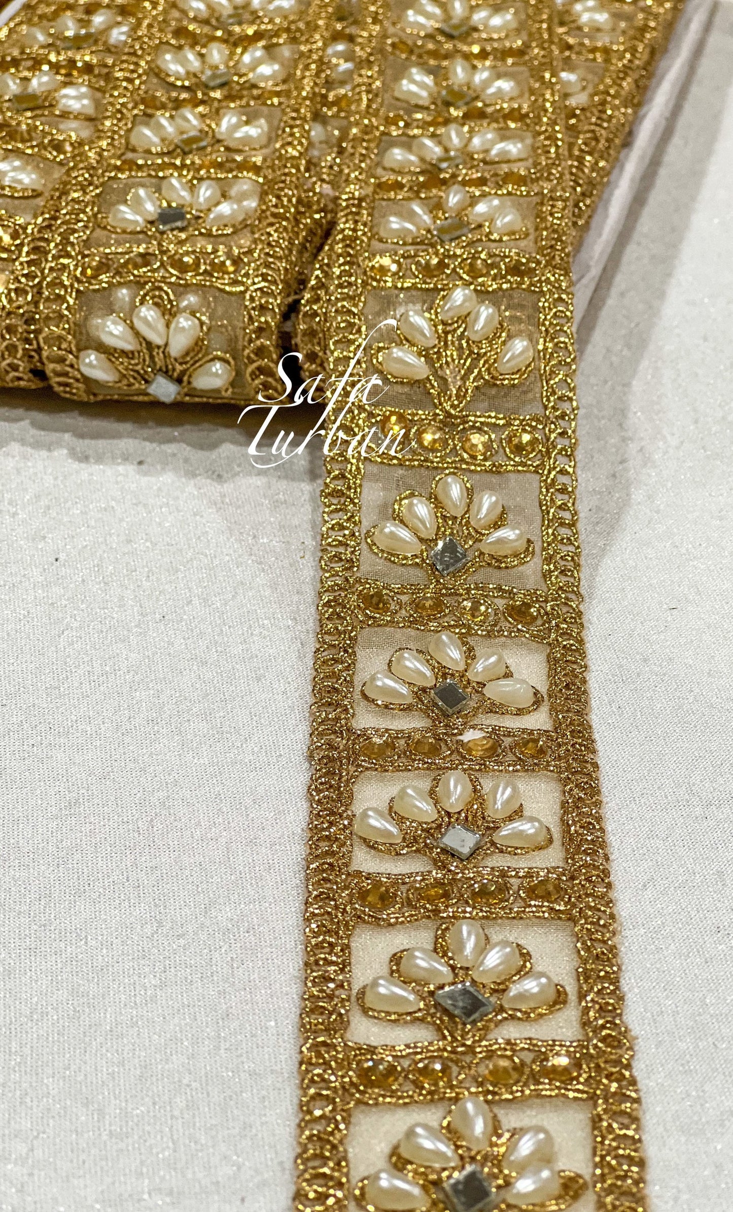 Golden Lace with pearl work 1.5" (inch) for Dresses, Sarees, Lehenga, Suits, Blouses, Dupatta, Chunri, and Craft