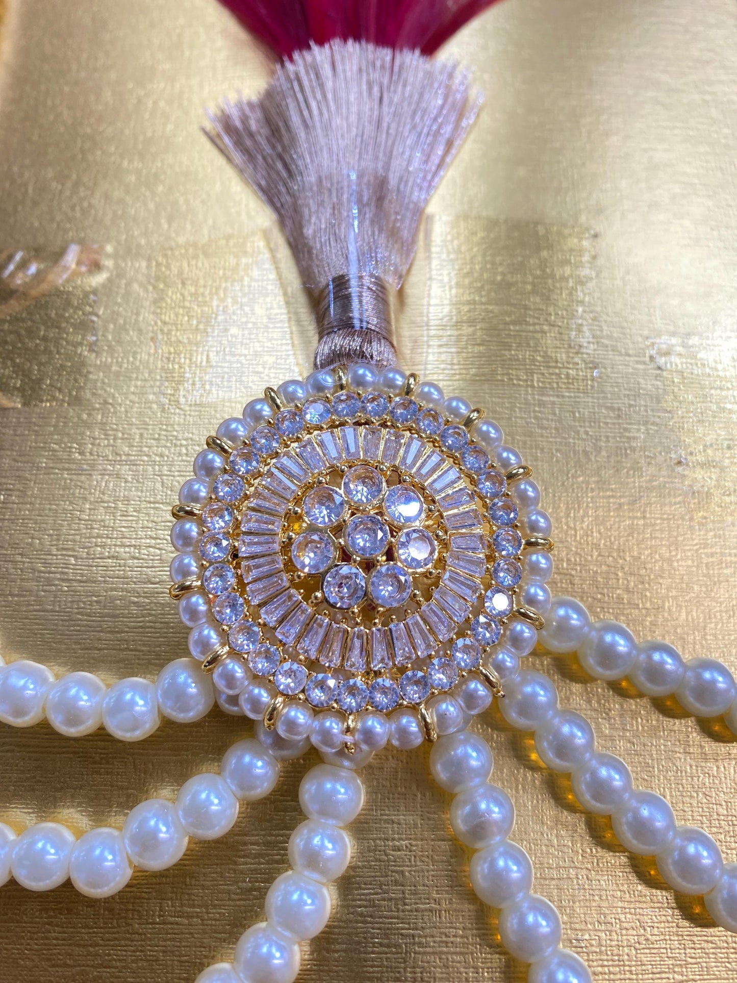 Indian Wedding Accessories- AD-Golden Kalgi For Groom Turban/Safa With Pearl Stands