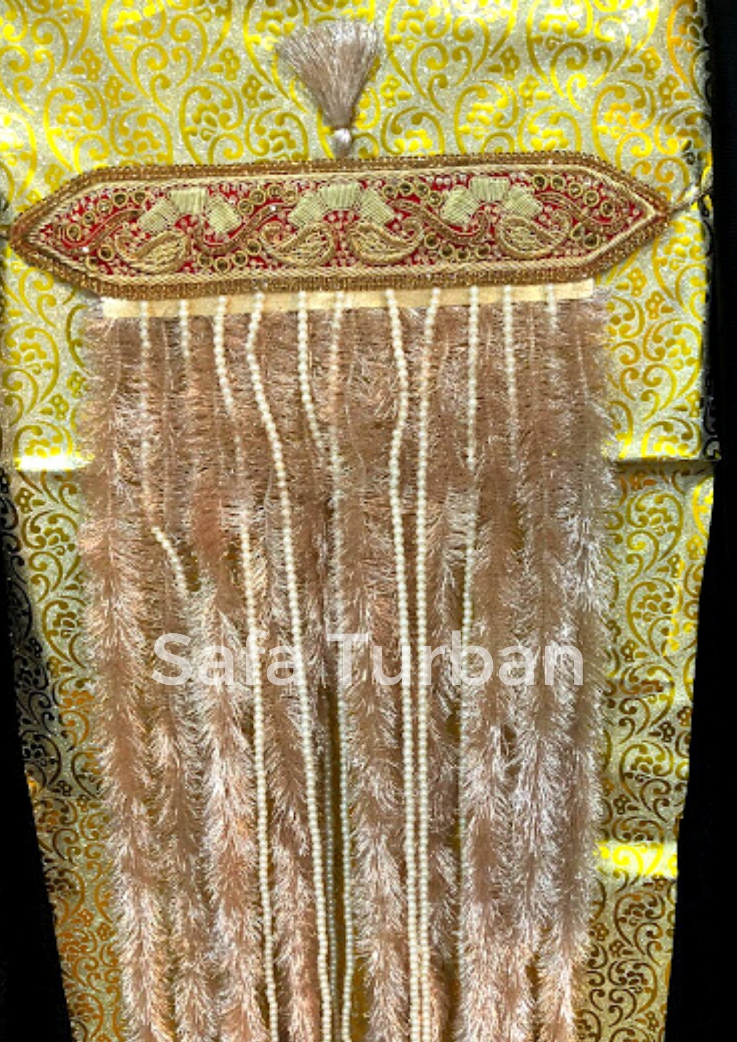 Groom Sehra- Sehra with Golden Zari with White Beads (Red/Golden Colour)