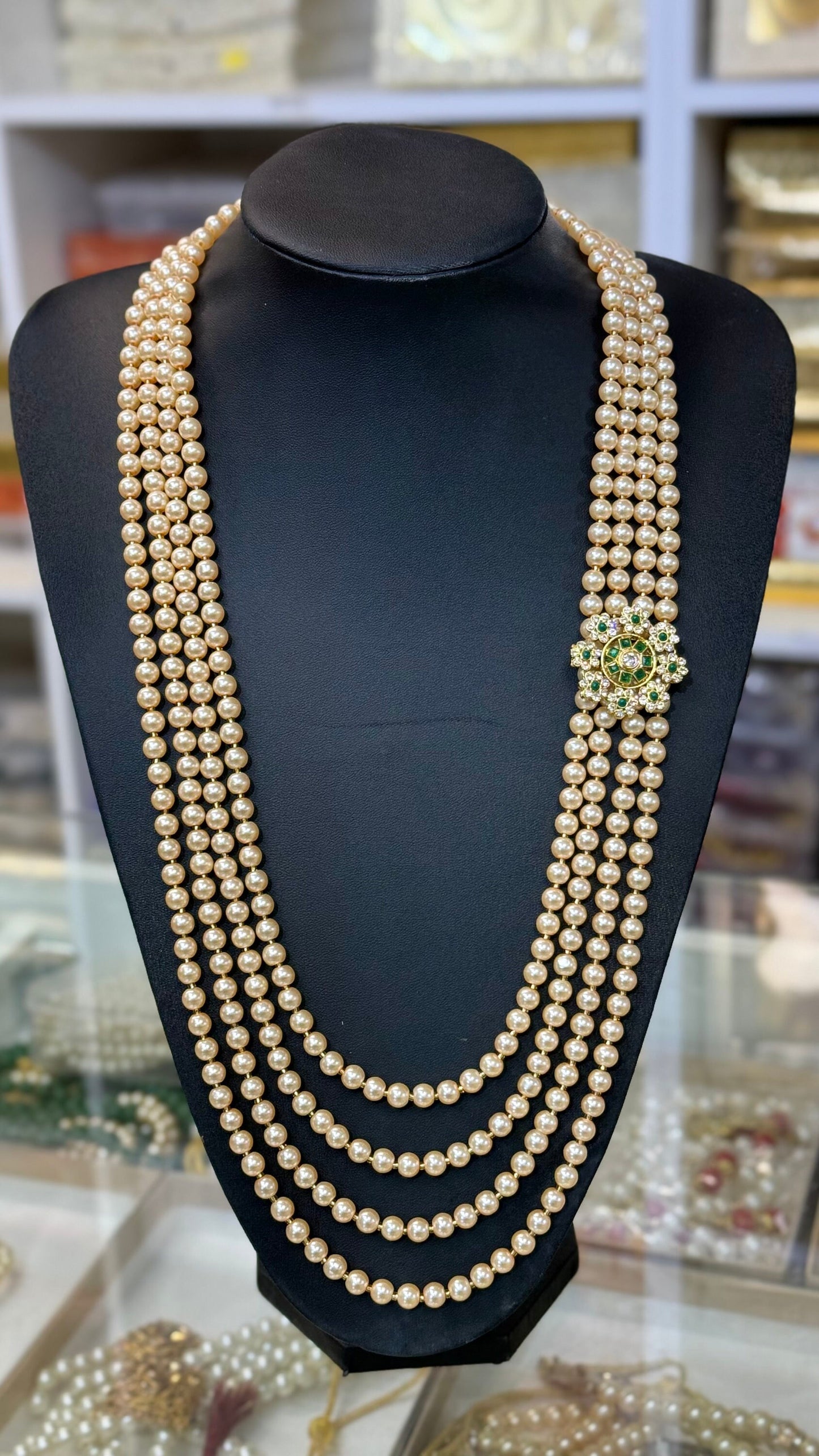 Indian Wedding- Pearl Stone Four Layer Studded Necklace for Men/Groom for Wedding
