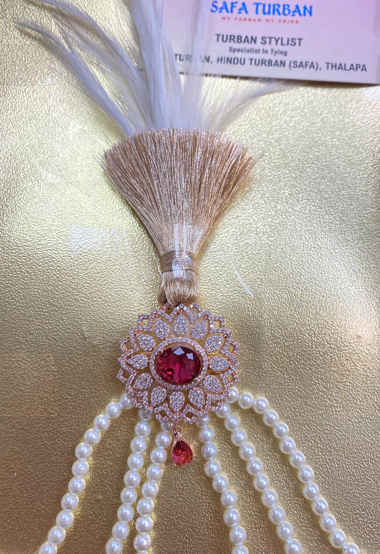 Indian Wedding Accessories- Kalangi/Kalgi for Men's Safa/Groom Turban (Red beads with white pearl string chain)