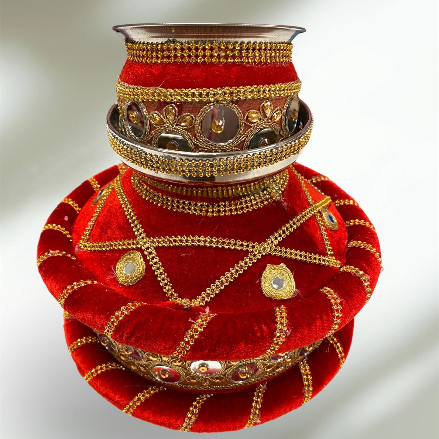 Wedding Accessories- Velvet Red Mirrored Ghadoli/Matka/Kalash For Wedding/Puja with Golden Embroidery