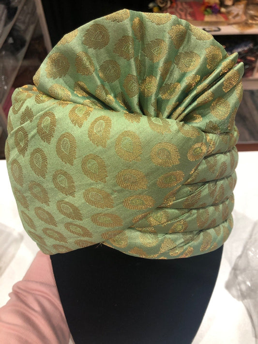 Thalapa-  Pista Green with Golden Pattern Thalapa- Safa Turban/Pagdi/Premade Turban/Turban/Pagdi for Men (Groom and Tholan)