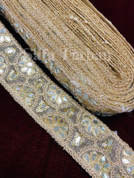 Golden Mirror Work  Lace 2"(inch) for Dresses, Sarees, Lehenga, Suits, Blouses, Dupatta, Chunri, and Craft