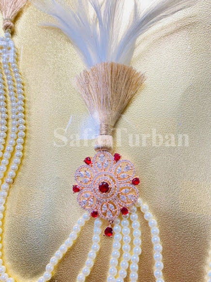 Indian Wedding Accessories-  Kalangi/Kalgi for Men's Safa/Groom Turban (With Multicolored Gemstone and White Pearl String Chain)