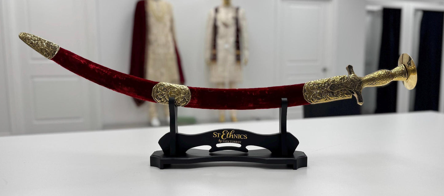Indian Wedding Decorative Sword/Kirpan- Maroon Velvet kirpaan with golden work handle/For wedding purpose/Decorated Sikh Wedding Kirpan