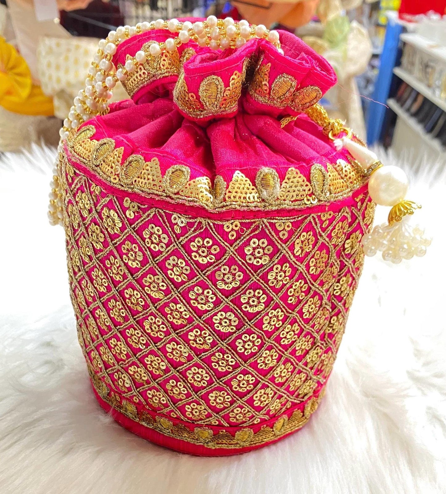 Designer Bridal Potli Bag for women with Embroidery and Embellished Stones- Red and Hot Pink