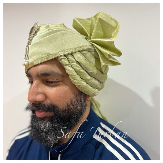 Indian Wedding- Raw Silk fabric handmade Safa for groom in Pista Green colour, Groom Head Safa Turban/Pagdi/Premade Turban Headwrap forDulha