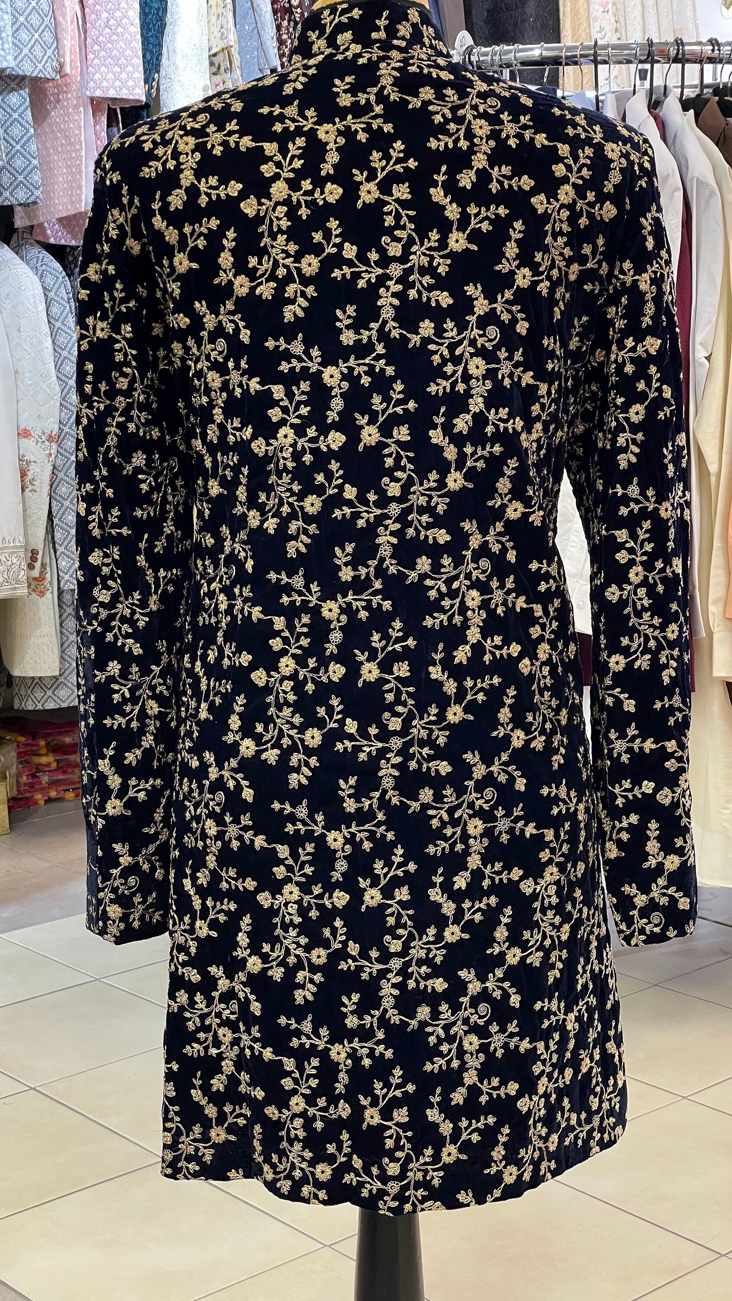 Groom Wedding Sherwani Outfit- Navy Blue Indo Western Coat (Sherwani) With Embroidery