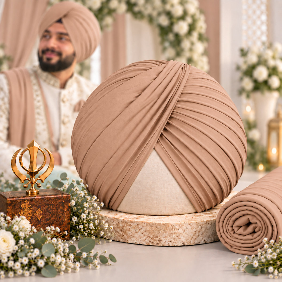 Sikh Turban- Light Peach 2  (Full Voile and Rubia(Medium)/Half and Half Voile)