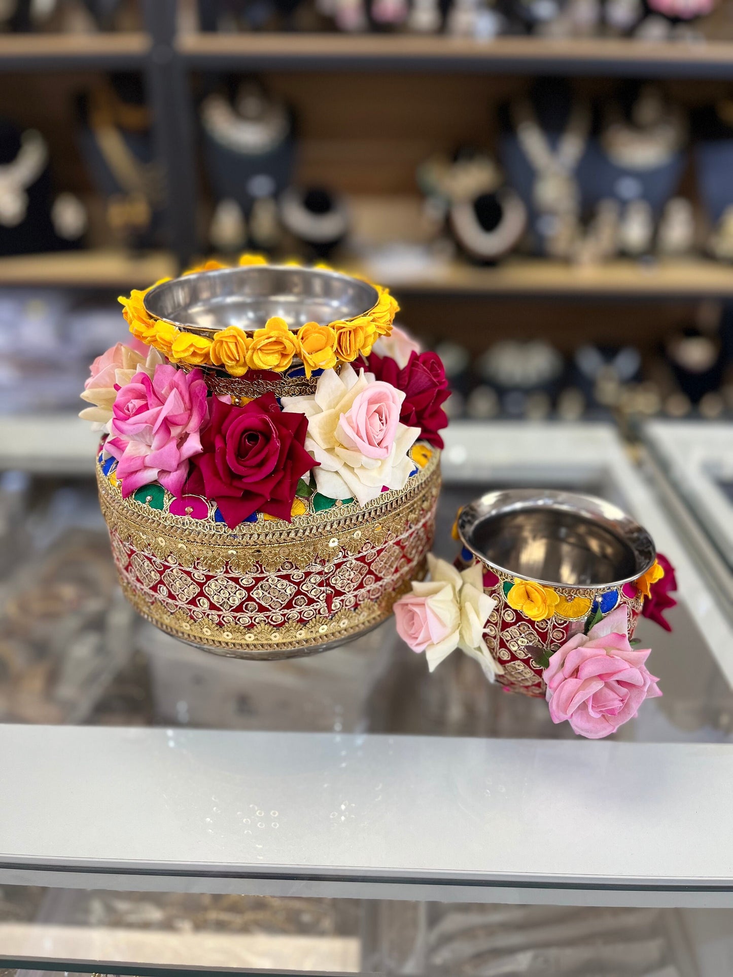 Wedding Accessories-Multicolour Flower Decorated Ghadoli/Matka/Kalash For Wedding/Puja.