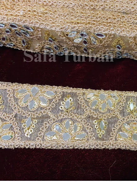 Golden Mirror Work  Lace 2"(inch) for Dresses, Sarees, Lehenga, Suits, Blouses, Dupatta, Chunri, and Craft
