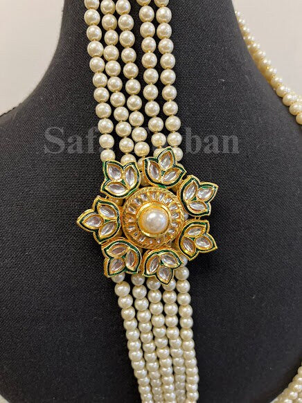 Indian Wedding- Pearl Necklace with Kundan Brooch for Men/Groom for Wedding (5Layers Pearl)