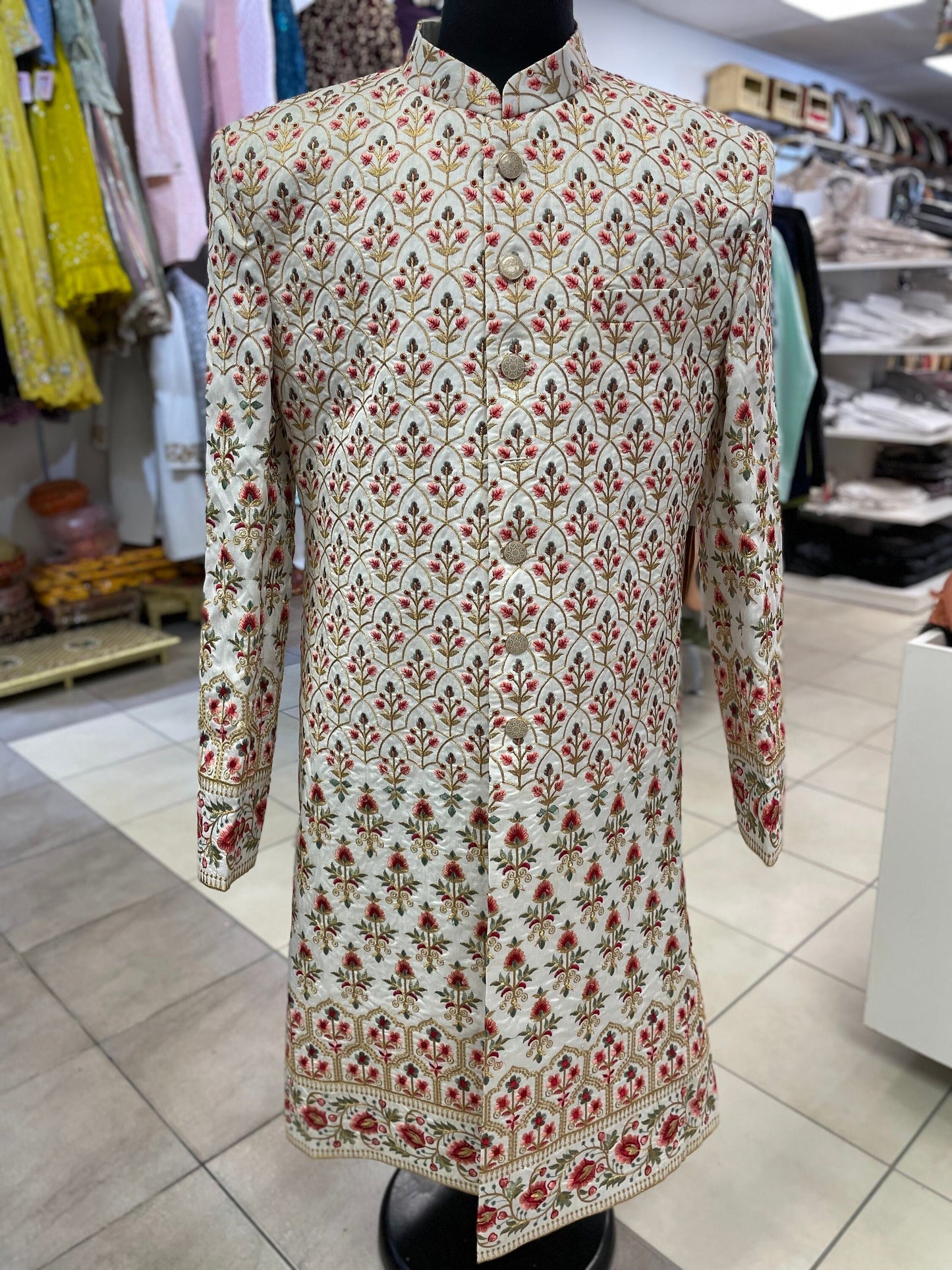 Groom Wedding Sherwani Outfit- White Multi Coloured Indo Western Coat (Sherwani) With Embroidery