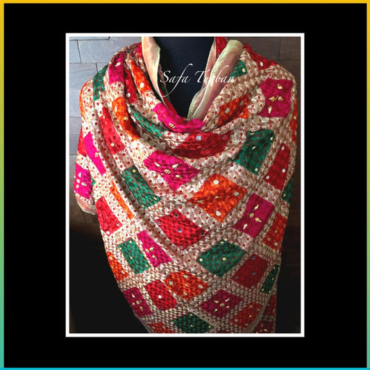 Phulkari Dupatta- Women's Chiffon Phulkari Dupatta, Scarf, Multicolour Fulkari Chunni, Dupatta