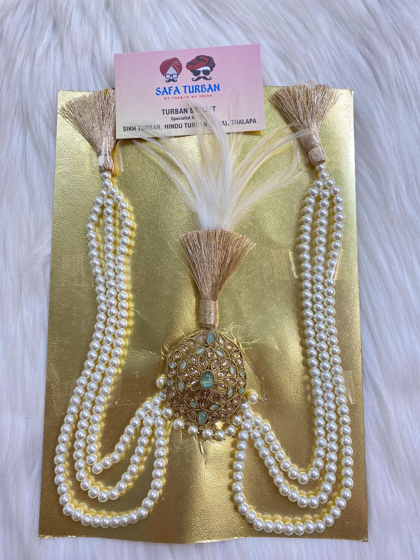 Indian Wedding Accessories-  Kalangi/Kalgi for Men's Safa/Groom Turban (Golden and Pista Green stones with pearl string chain)