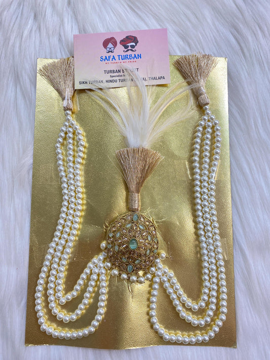 Indian Wedding Accessories-  Kalangi/Kalgi for Men's Safa/Groom Turban (Golden and Pista Green stones with pearl string chain)