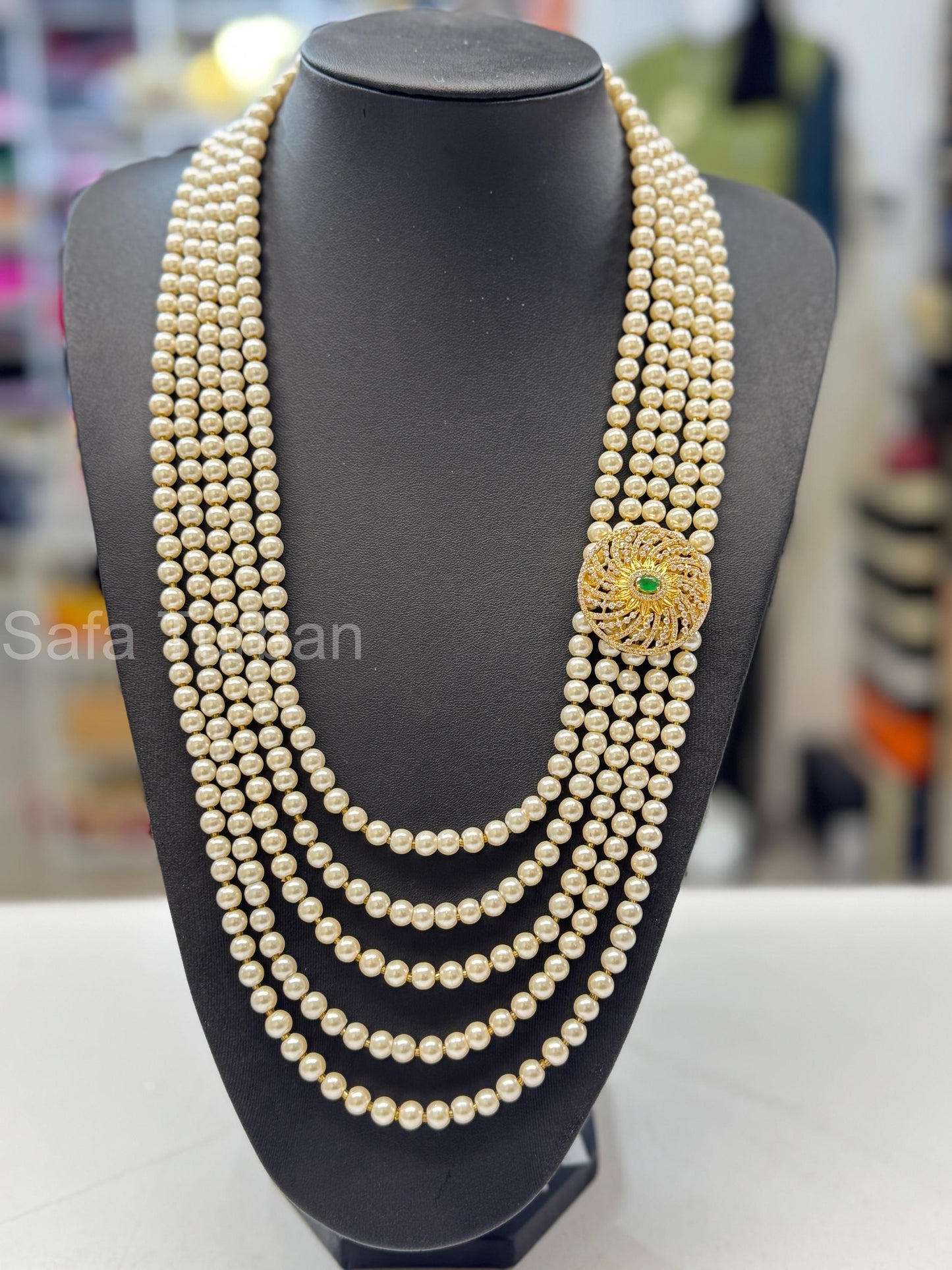 Indian Wedding- Pearl Necklace with Kundan Brooch for Men/Groom for Wedding (5Layers Pearl)