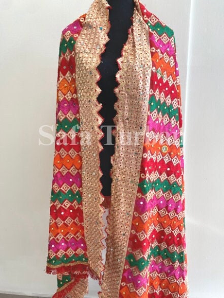 Phulkari Dupatta- Women's Phulkari Dupatta, Scarf, Multicolour Phulkari Chunni, Dupatta