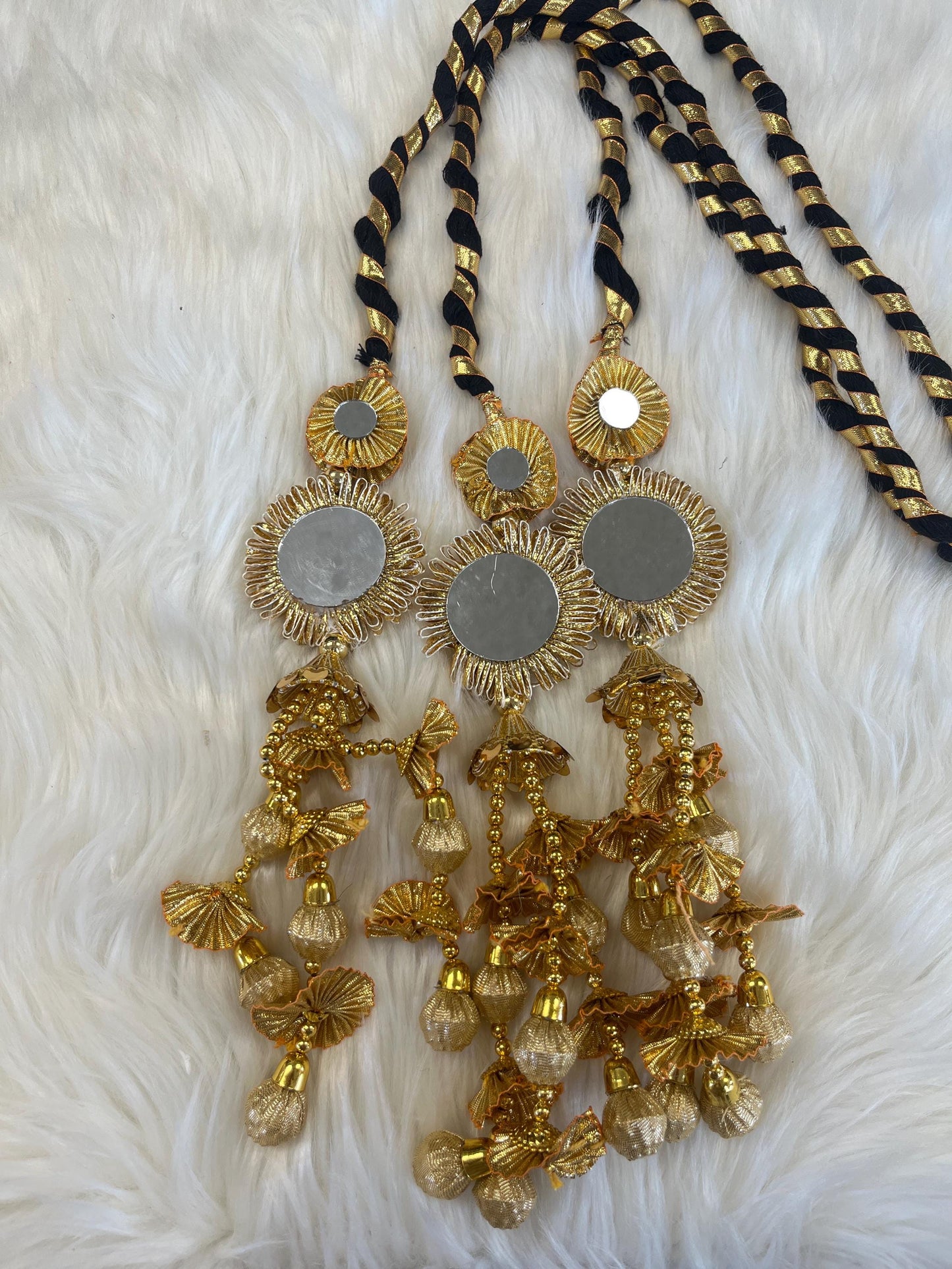 Punjabi Golden/Multi Colour Fabric Parandi Tassles Hair Extensions with Beads for Women and Girls (Sold per piece)