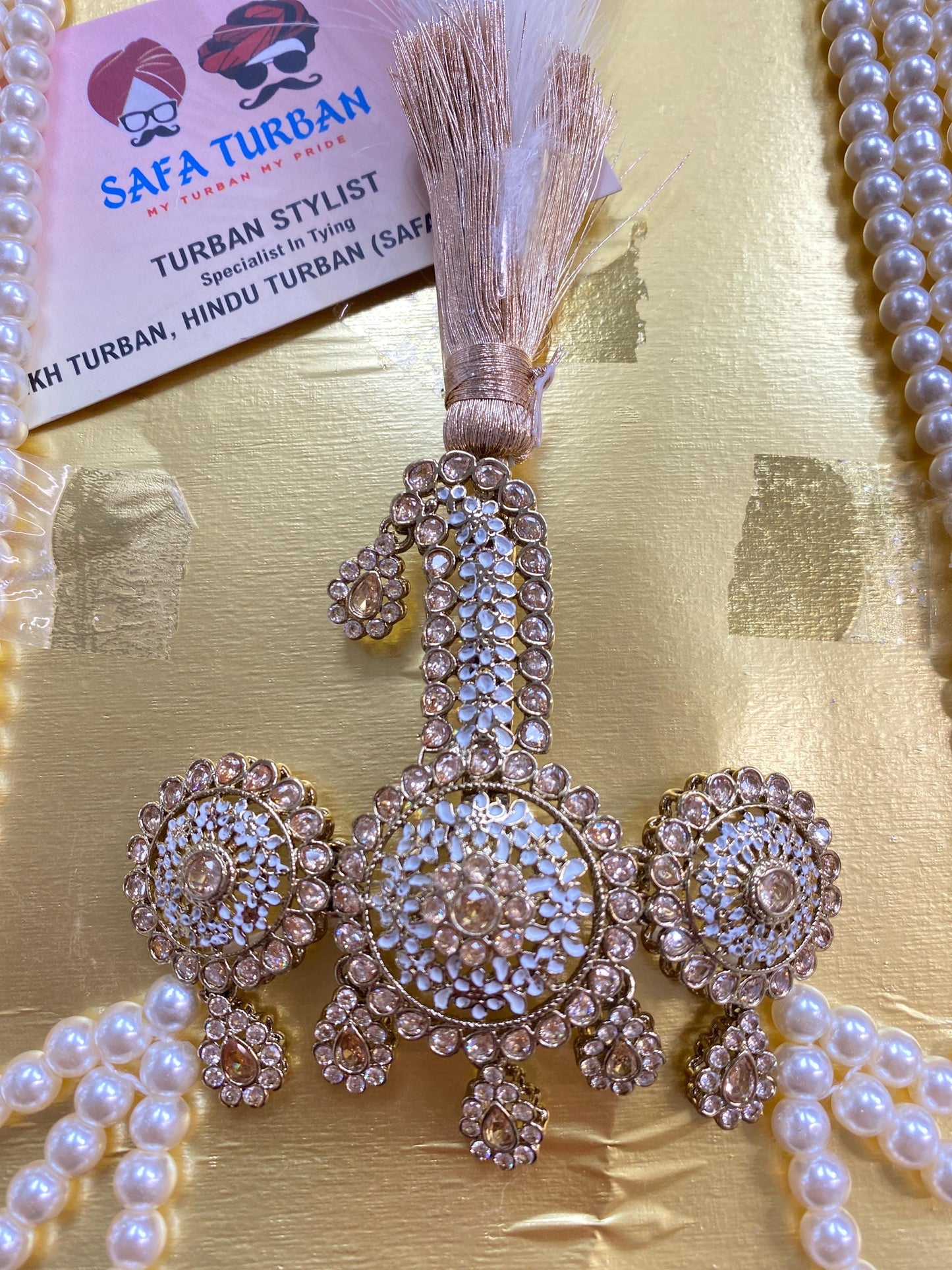 Indian Wedding Accessories-  Kalangi/Kalgi for Men's Safa/Groom Turban in (Golden stones With White pearl string)