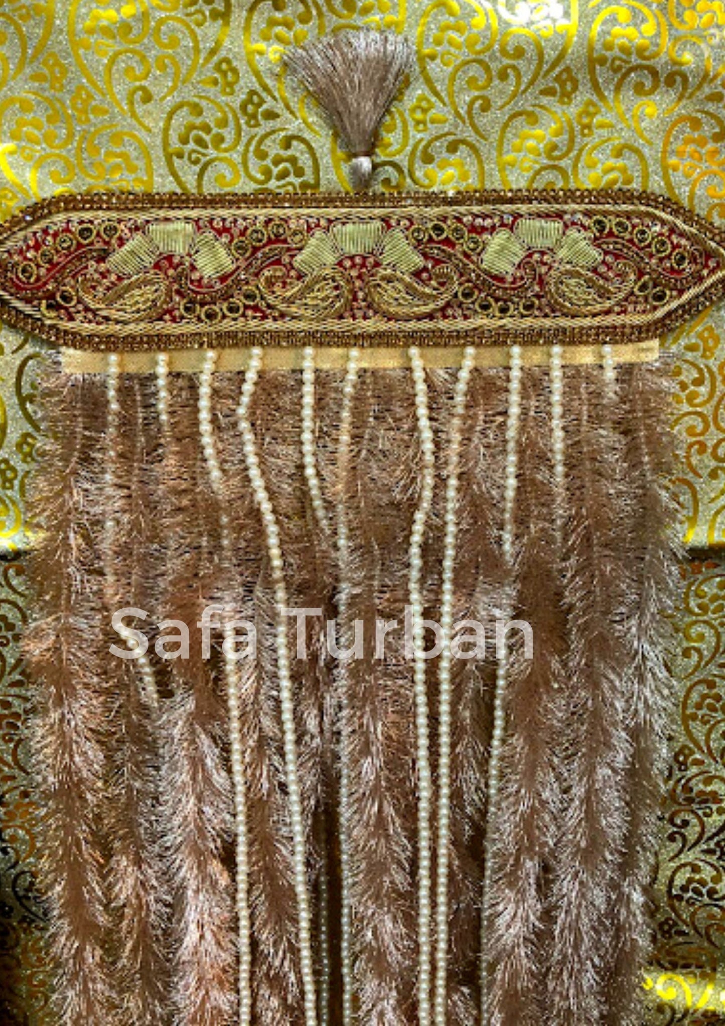 Groom Sehra- Sehra with Golden Zari with White Beads (Red/Golden Colour)