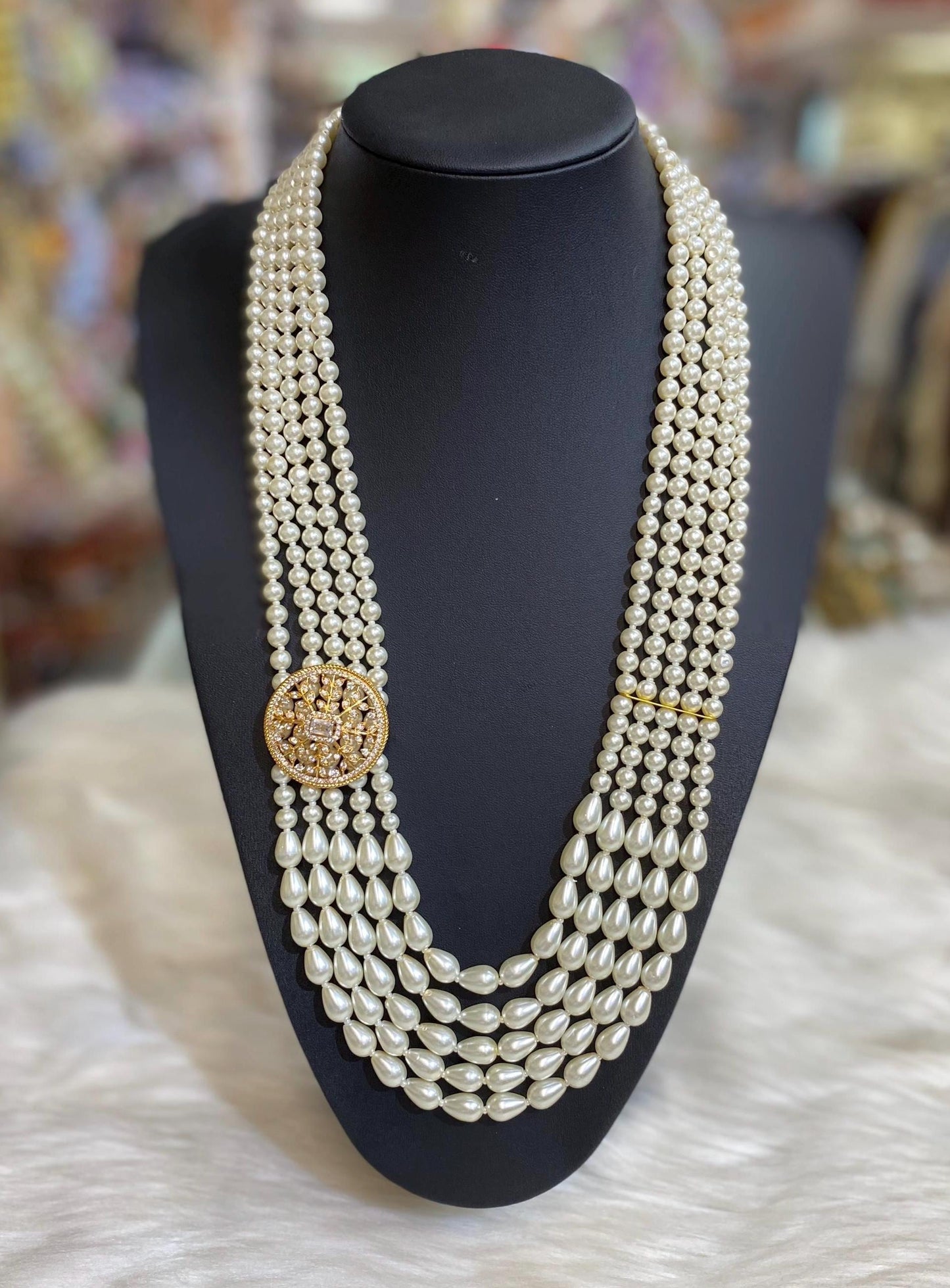 Indian Wedding- Pearl Necklace with Brooch for Men/Groom for Wedding (5Layers Pearl)